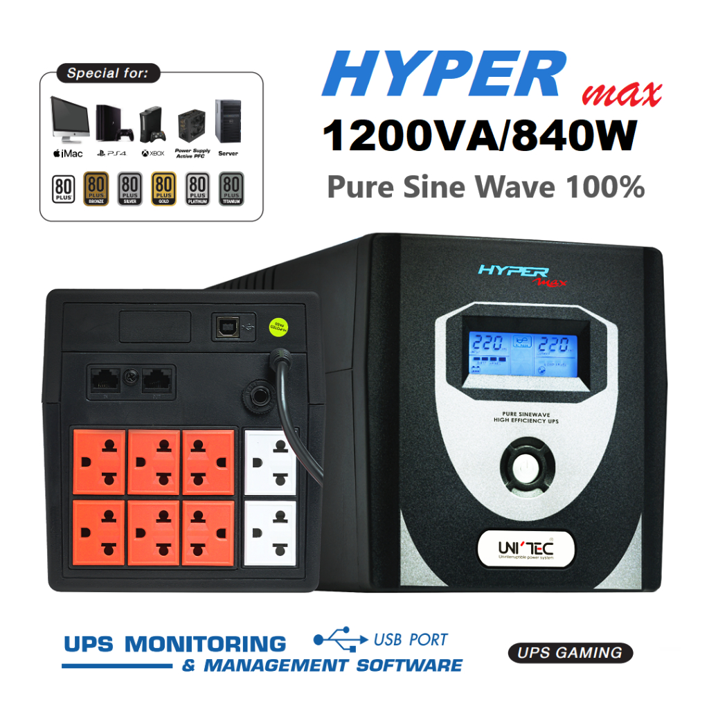 UPS เครื่องสำรองไฟ UNITEC รุ่น HYPER MAX 1200VA/840W (PURE SINE WAVE) ของแท้ ส่งไว ประกัน 2 ปี