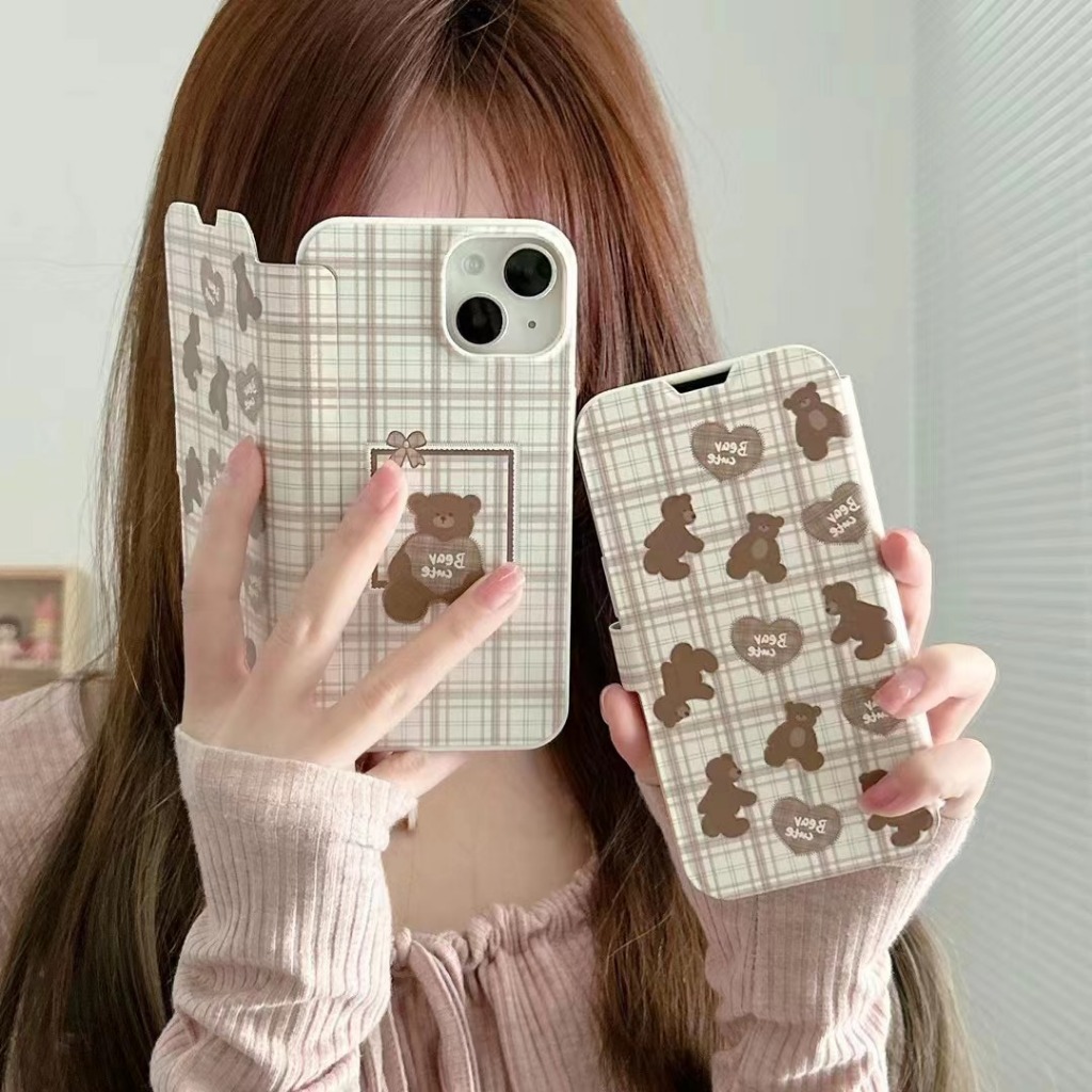 จัดส่งภายใน24ชม แบบพลิกปก การ์ตูน หมีน้อ iphone 11 14 pro max สีขาว ซิลิก้าเจล เปลือกนิ่ม หวานสวย case for iPhone 12 13