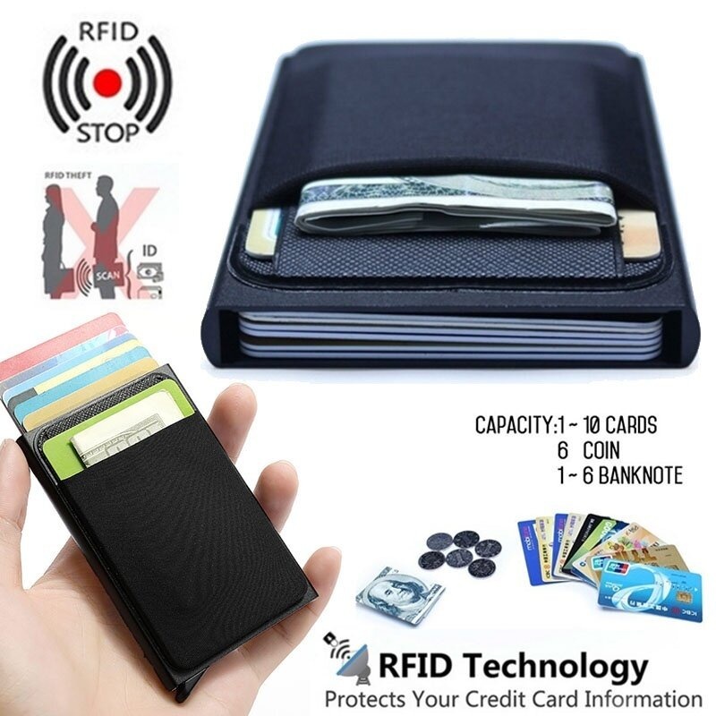 กระเป๋าใส่บัตร RFID แบบ Pop-out อัตโนมัติ กระเป๋าสตางค์แบบบาง กระเป๋าหลังยืดหยุ่นได้ Card Holder Slim Wallet