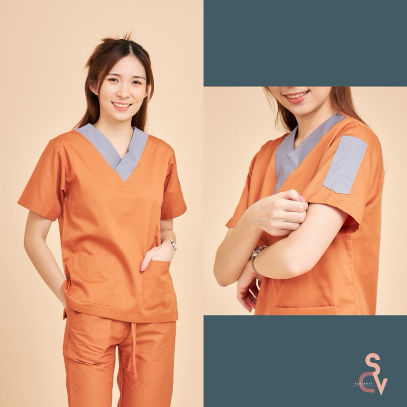 scrubvet: เสื้อสครับสีชาไทยตัดขอบเทา (เฉพาะเสื้อ)