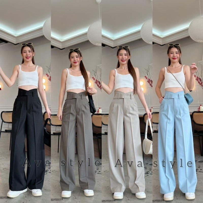MiLy style กางเกงขากระบอกเอวสูง ผ้าMilyไมลี่ ดีเทลแต่งขอบเอวสอดเข็มขัด เรียบหรูดูแพง
