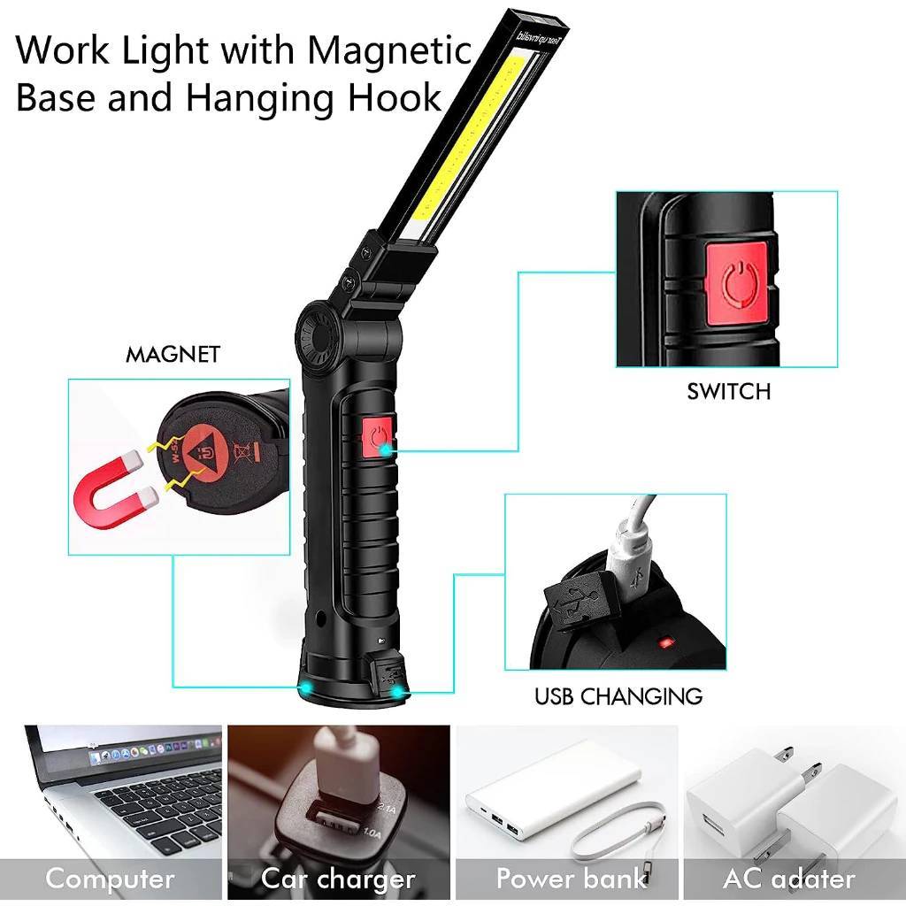worklight ไฟทำงาน ไฟฉายพกพา cob+led ชาร์จไฟ USB 5โหมด หัวแม่เหล็ก