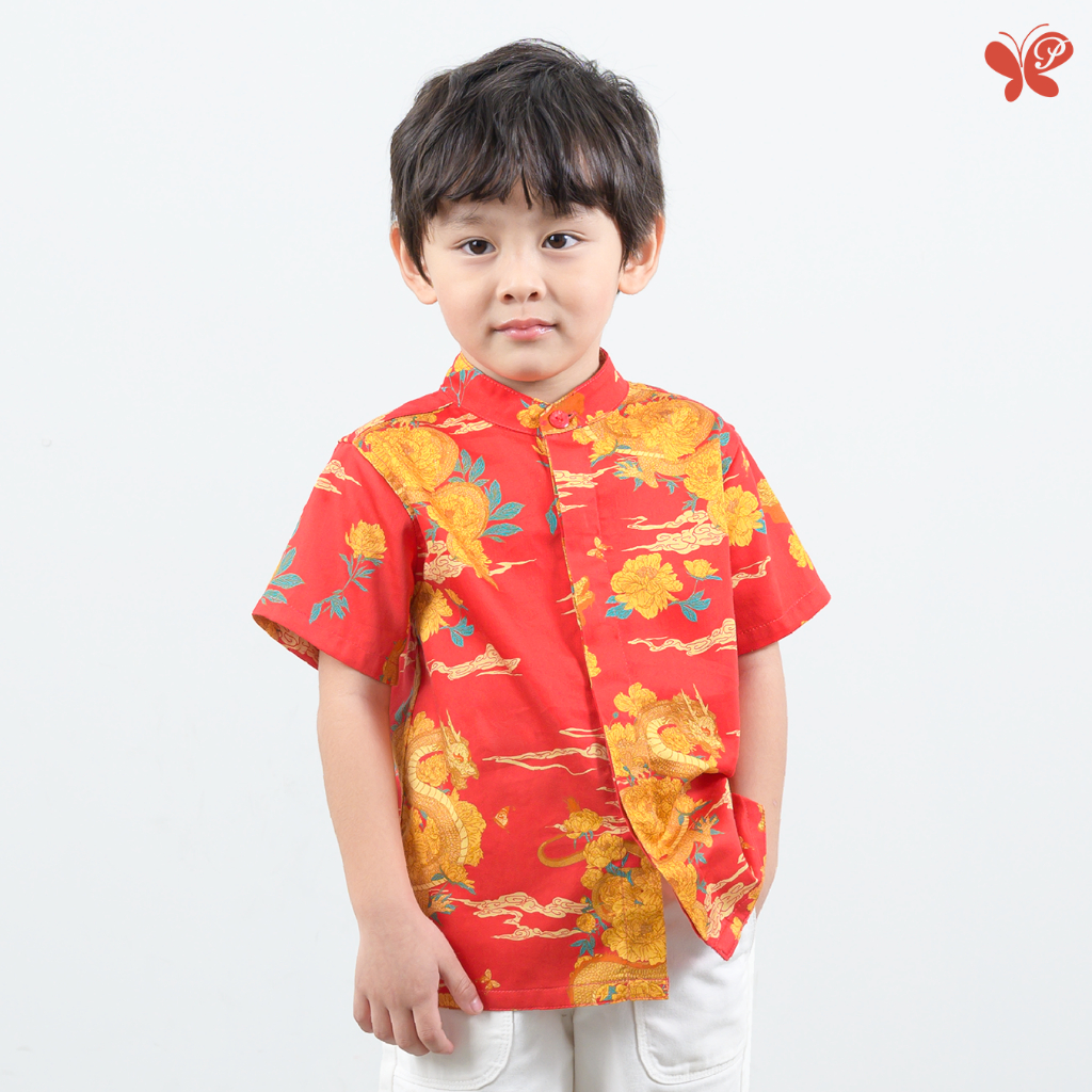 เสื้อเด็กผู้ชาย [Papillon] Boy Shanghai Dream Shirt - Tian Long คอจีน พิมพ์ลายมังกรทอง ผ้าคอตตอน 100% เนื้อนุ่ม