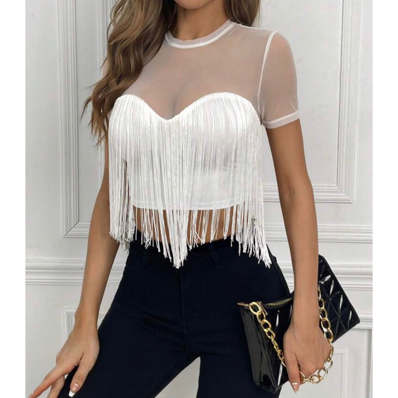 เสื้อครอป ท็อป ขอบฝอย ตาข่าย รุ้งริ้ง sexy (พร้อมส่งใน6-7วัน)