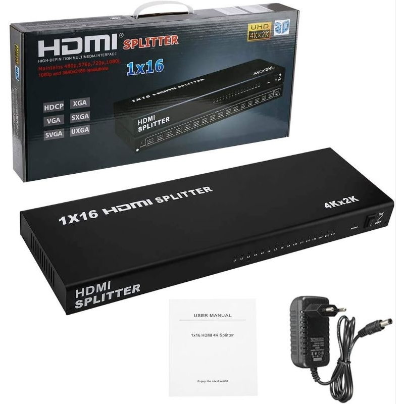 16 Port 1x16 1 in 16 Out HDMI Splitter Video Audio HD HDTV 3D DVD Project, Support 4Kx2K 3D Full HD 