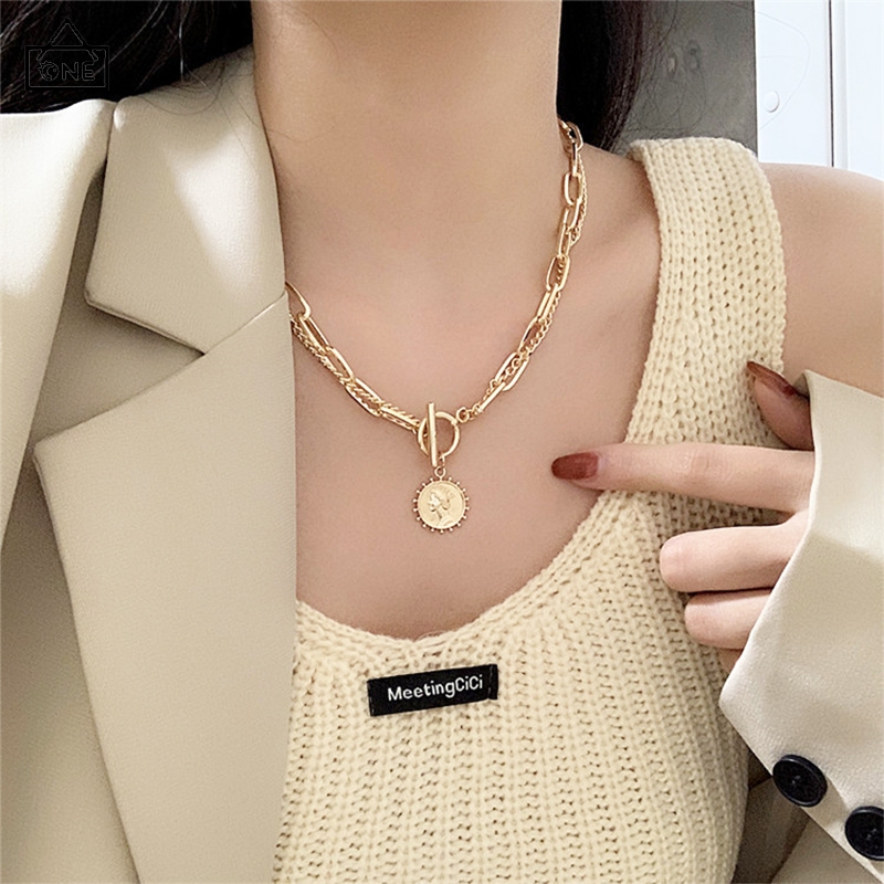 COD❤️สร้อยคอโซ่หนาสองชั้นจี้รูปภาพสไตล์ยุโรปและอเมริกาพังค์ฮิปฮอปแฟชั่นหวานสุดเท่เครื่องประดับผู้ชายและผู้หญิง-a.one