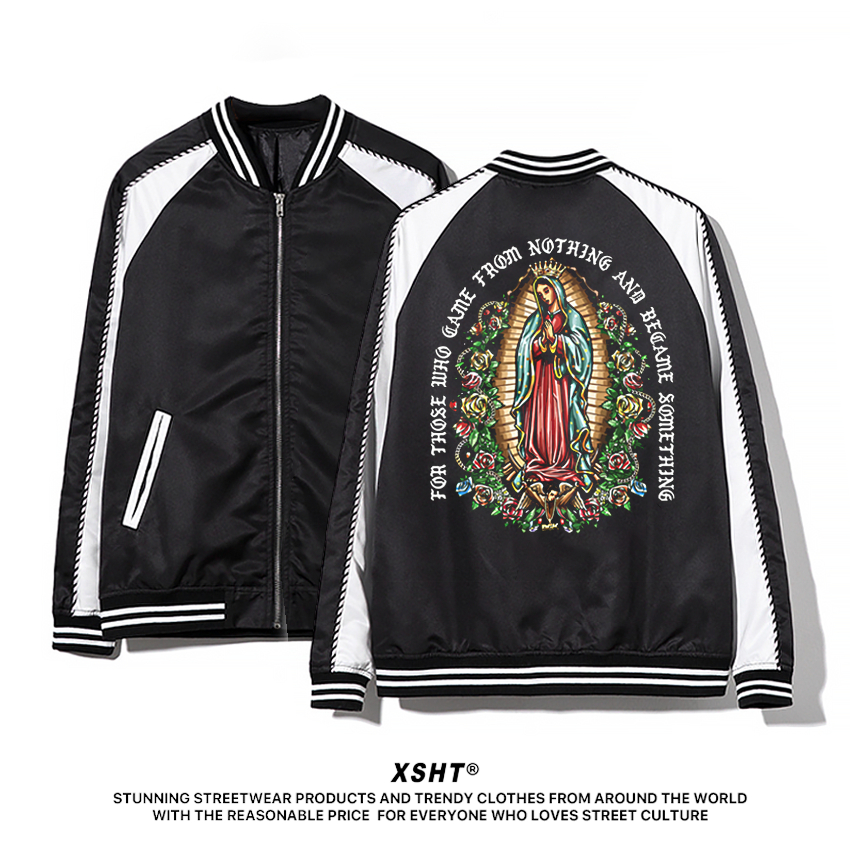 🔥พร้อมส่ง🔥 เสื้อแจ็คเก็ต Blessed Virgin Mary Sukajan Varsity Bomber Jacket - Black (สีดำ) by XSHT