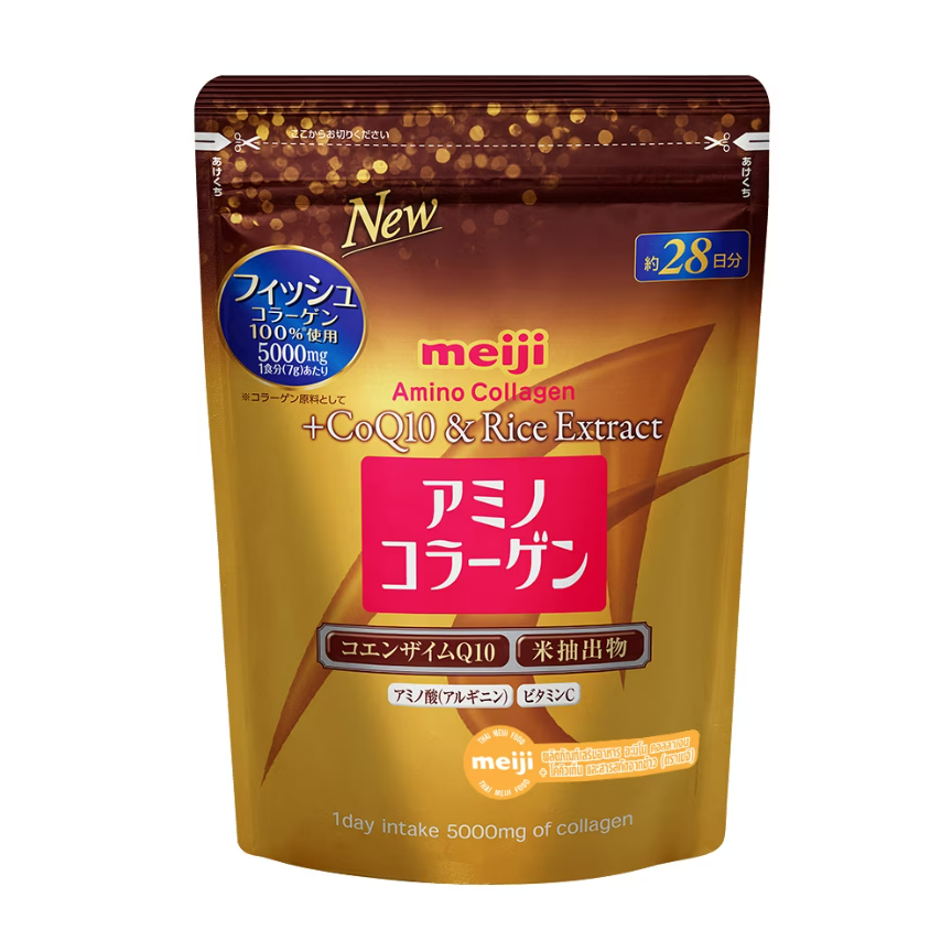 Meiji Collagen เมจิ โกลด์ อะมิโนคอลลาเจน สีทอง โคคิวเท็น และสารสกัดจากข้าว 196 กรัม