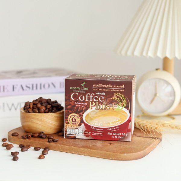 กาแฟสำเร็จรูป ตราอารมณ์ดีฟาร์ม COFFEE PLUS ผสมจมูกข้าวและคอลลาเจน