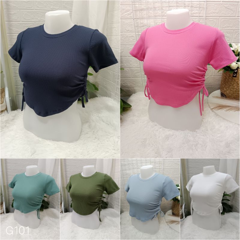 (G101)เสื้อครอปคอกลม มีสายรูดด้านข้าง ทรงสวย เข้ารูป ผ้านิ่ม ใส่สบายมาก