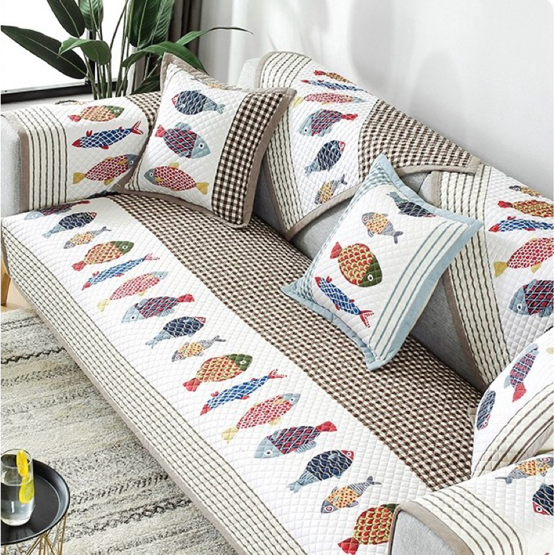 ผ้าคลุมโซฟาเนื้อผ้าcotton ลายปลา 3 สี น้ำตาล ฟ้า เขียว