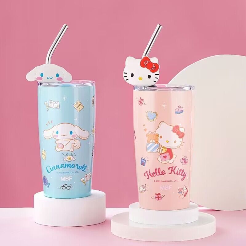 พร้อมส่ง แก้วเก็บอุณหภูมิ(600ML) แก้วกาแฟ หลอดสแตนเลส+ตัวการ์ตูนให้ในเซ็ท เก็บอุณหภูมิได้นาน