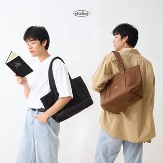 HOMELAND - กระเป๋าผ้า canvas สไตล์ญี่ปุ่น ปักลาย มีซิป (Large) สีดำ / สีน้ำตาล