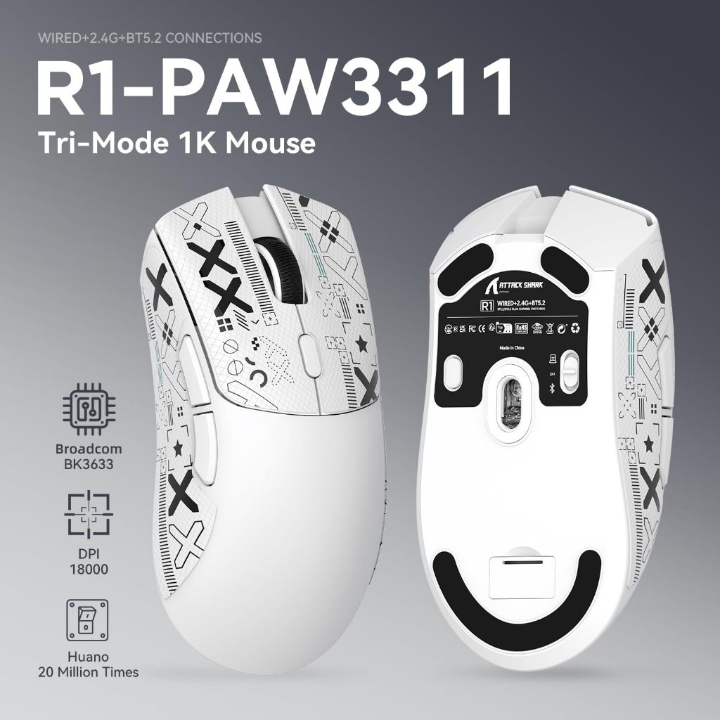 Attack Shark R1 gaming Mouse เมาส์บลูทูธไร้สาย PAW3311 เมาส์สำหรับเล่นเกม 3โหมด บลูทูธ 2.4G Type-C