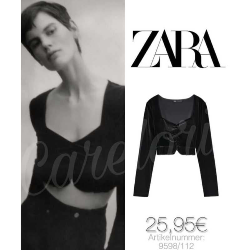 เสื้อทรงขอบแขนยาวคอเหลี่ยมรูปหัวใจ Zara Velvet Crop Top เข้าใหม่ผ้ากำมะหยี่ สีดำ