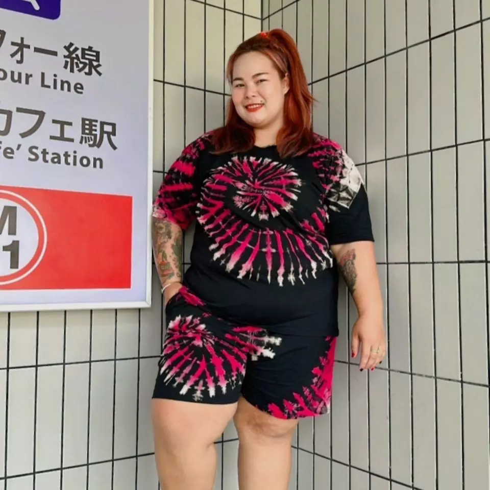 ชุดขาสั้นไซส์ใหญ่ ผ้ายืดมัดย้อมกัดลาย อก 50-56 นิ้ว