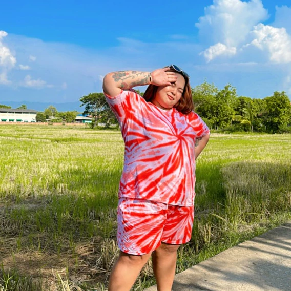 ชุดขาสั้นไซส์ใหญ่ ผ้ายืดมัดย้อมกัดลาย อก 50-56 นิ้ว thumbnail 10