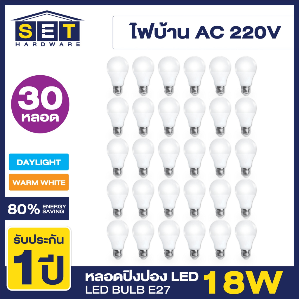 ชุด 30 หลอด หลอดไฟ LED 18W แสงสีขาว/แสงสีวอร์ม หลอดไฟแอลอีดี หลอดปิงปอง ทรงกลมขั้วเกลียว E27 ใช้ไฟบ้าน 220V led
