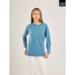 YuenPuen เสื้อยืด แขนยาว สีฟ้าทะเล ยืนพื้น ไม่ยืด ไม่ย้วย ไม่ต้องรีด สีพื้น เนื้อผ้านุ่มใส่สบาย