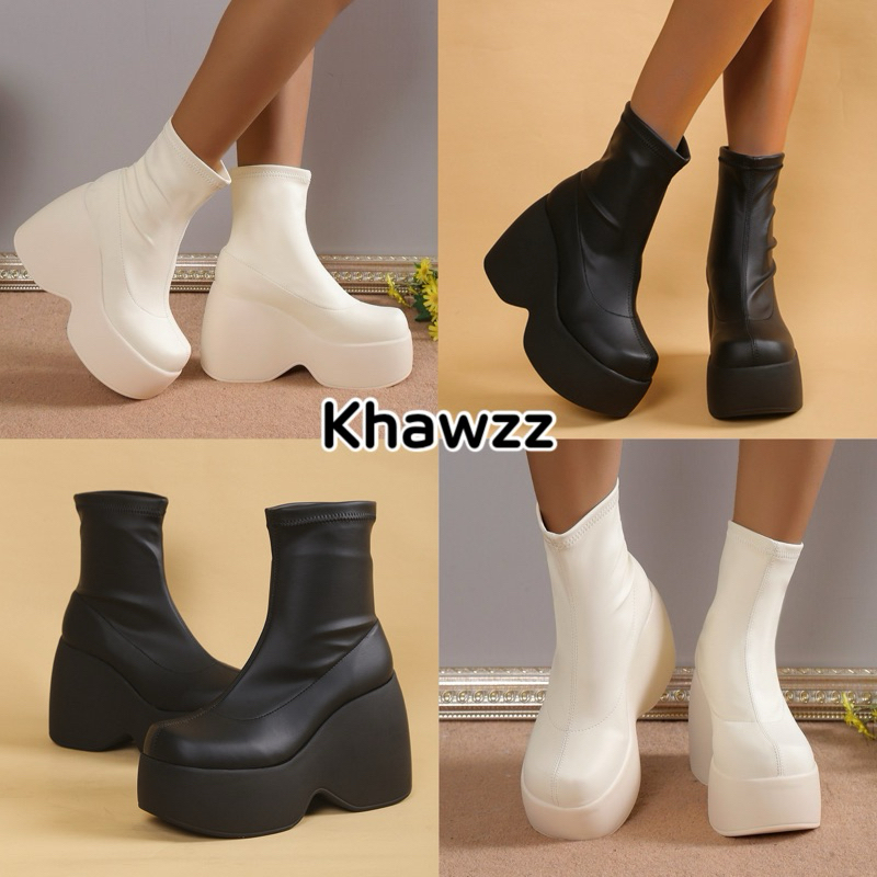 khawzzส่งเร็ว💨บูทหนังส้นตึกหุ้มข้อ(มี 2 สี) สูง 12 ซม.(36-45) พื้นนุ่ม กันลื่น ใส่เดินสบาย น้ำหนักเบา🚚พร้อมส่งจากไทย