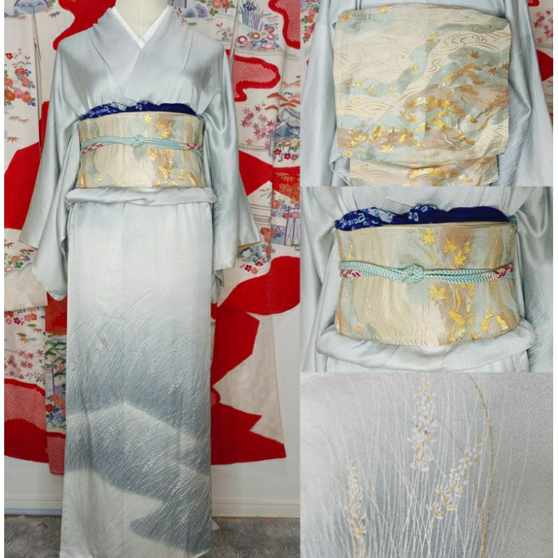 พร้อมส่ง Set kimono กิโมโน สีเทาอมฟ้า มือสองของแท้จากญี่ปุ่น