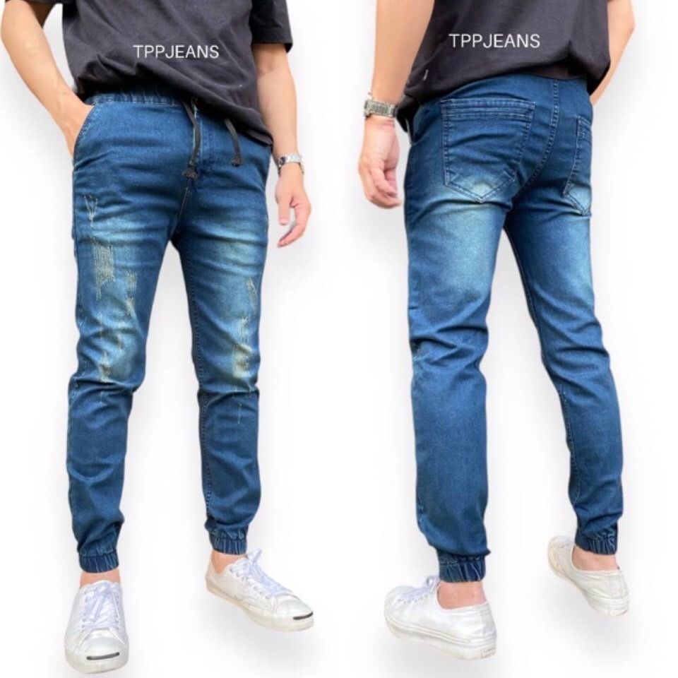 JEANSEXPRESS JOGGER กางเกงยีนส์จ็อกเกอร์ผ้ายืด สีบลูฟอกสนิมแต่งสะกิดขาด เอวยางมีเชือก เป้าซิป มีไซส์ใหญ่Size 26-54