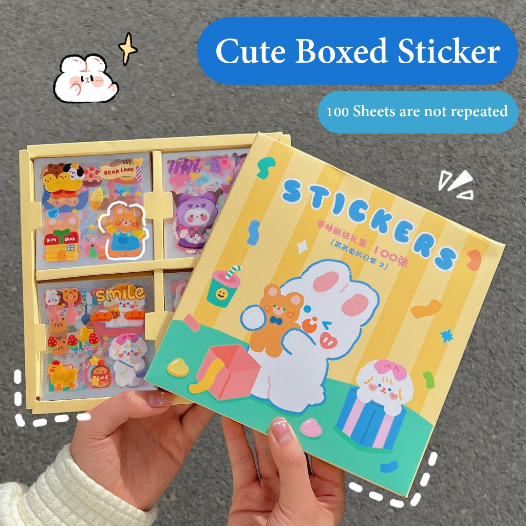 สติ๊กเกอร์ 100แผ่น พร้อมกล่อง สติ๊กเกอร์ไดคัท ลายน่ารักSticker PVC น่ารักกันน้ำ ตกแต่ง ไดอารี่