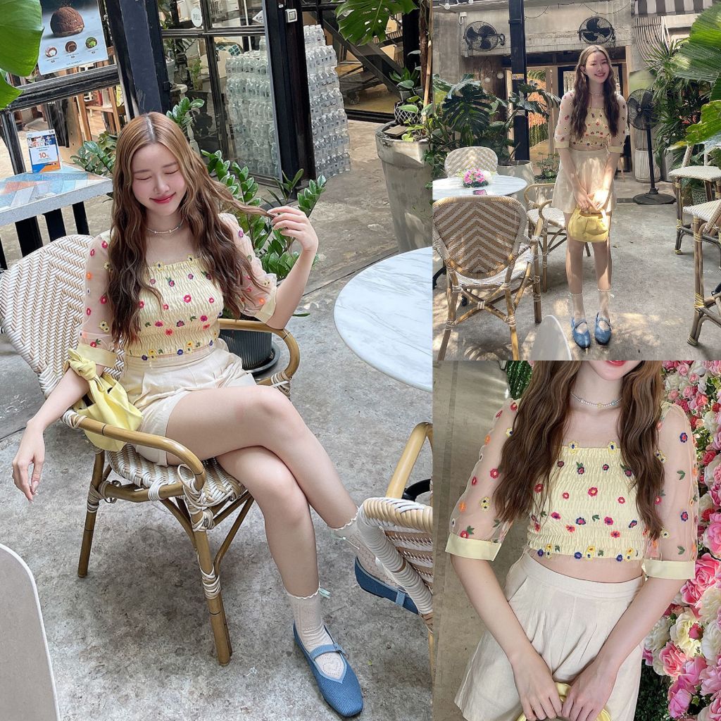 ขาว/เหลือง/ม่วง SLYQ 🍡 POSY SEE-THROUGH SLEEVE CROP TOP เสื้อครอปผ้าตาข่ายปักลายดอกไม้