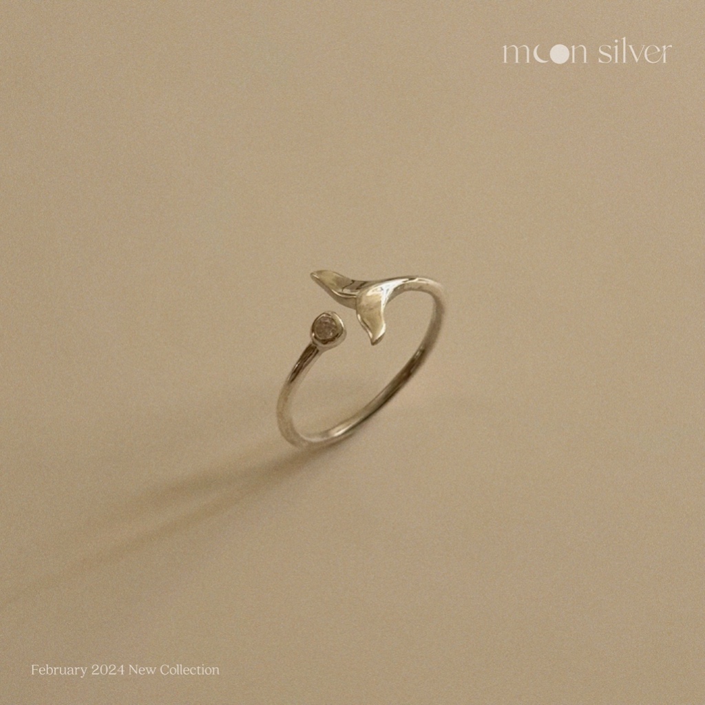 Moonsilver แหวน Whale Tail แหวนเงินแท้ ปรับไซส์ได้ ฝังเพชร CZ