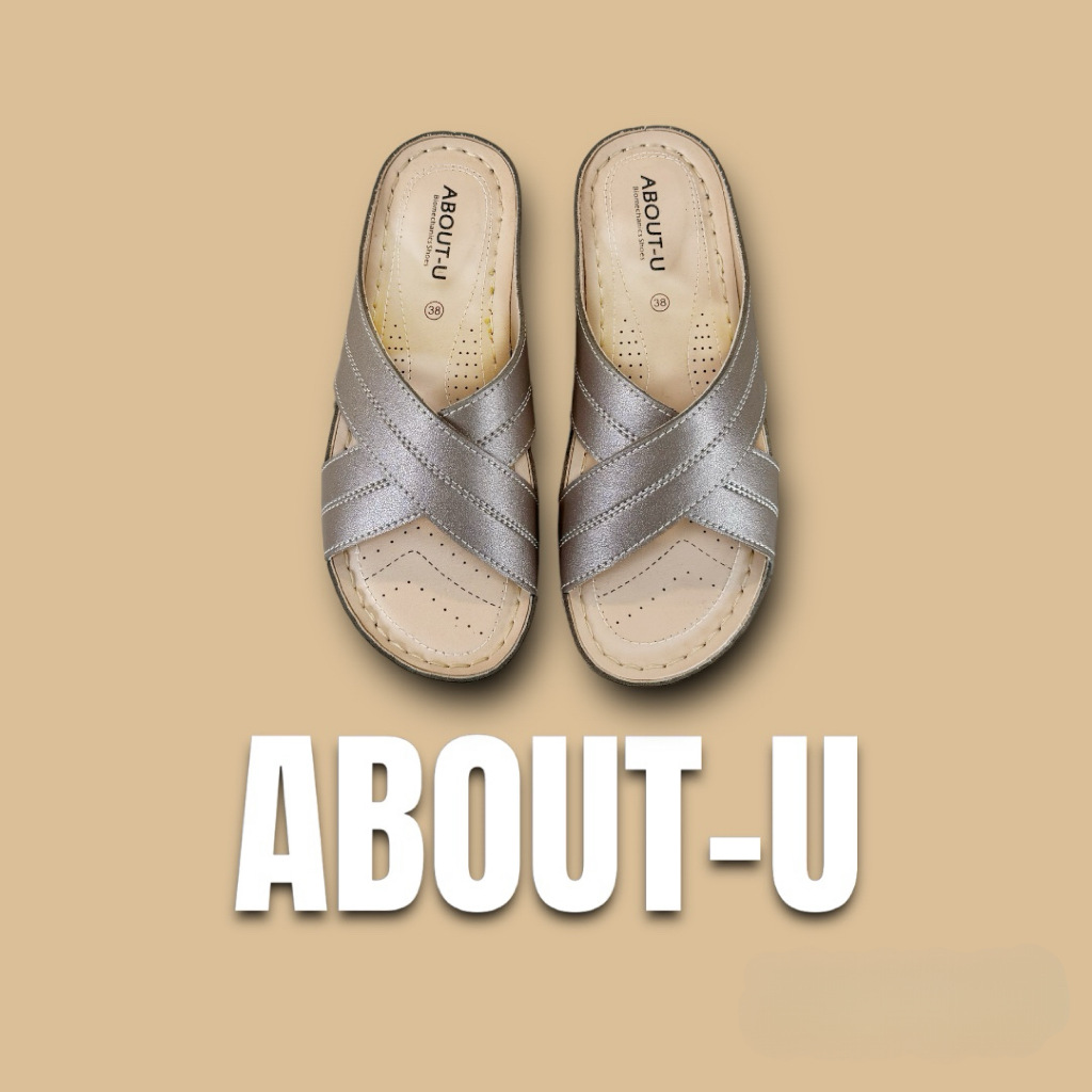 ABOUT-U รองเท้าเพื่อสุขภาพ ใส่สบาย น้ำหนักเบา เย็บรอบใช้ทนมาก กันน้ำ กันลื่น รุ่นBasic Cross สีเงินมุข