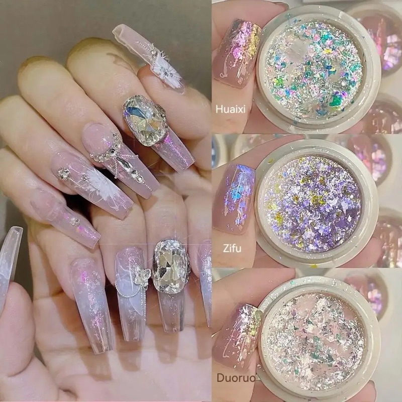 🔥ของแต่งเล็บ เปลือกหอยแต่งเล็บ เนื้อเกล็ดสีออโรล่า เกล็ดกาแลกซี่ออโรล่าชิ้นบางๆ
