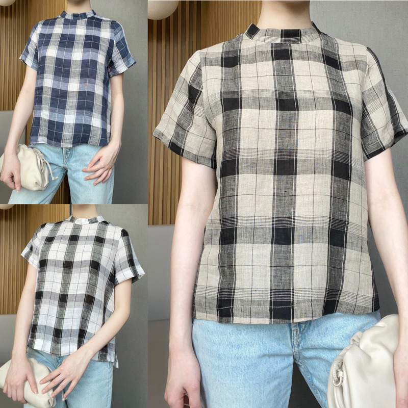 m7เสื้อคอปีนผ้าลินินแท้ทอลายสก็อต