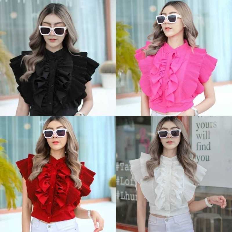 เสื้อคอจีนทรงครบแขนกุดแต่งระบายพรีท