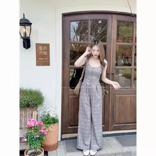 Olivia Jumpsuit - จั้มสูทลายสก็อต จั้มสูทขายาว ทรงขากว้าง จั้มสูทออกงาน ชุดไปคาเฟ่ ชุดไปทะเล MT.STDO
