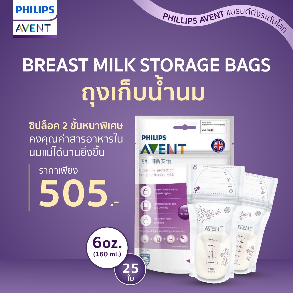 ของแท้ศูนย์ไทย Philips AVENT ถุงเก็บน้ำนมแม่ BREAST MILK BAGS 6OZ/180ML 25ชิ้น