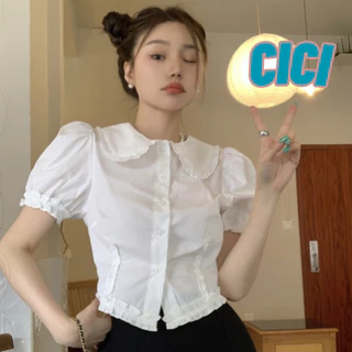 ส่งทันที Cici(NO. 3207)เสื้อครอปเเขนสั้นคอปก ผ้าคอตตอน กระดุมหน้า ดีเทลเเต่งระบาย วินเทจสไตล์น่ารัก