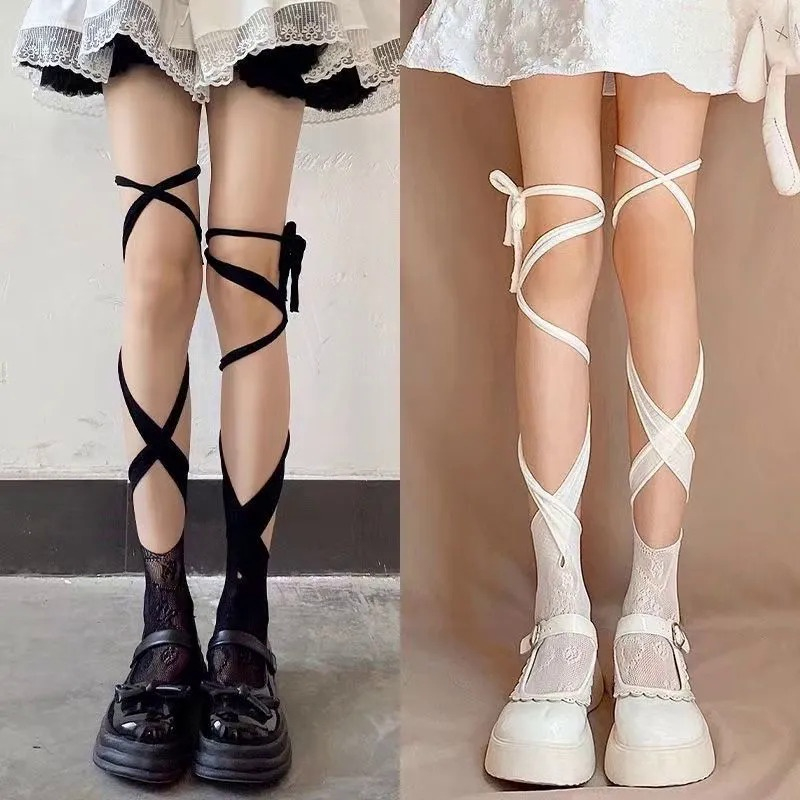 ถุงเท้ายาวเซ็กซี่ ผ้าตาข่าย แต่งลูกไม้ ทรงไม่สม่ําเสมอ แฟชั่นฤดูร้อน สไตล์ญี่ปุ่น สําหรับสตรี Jk Lolita Lace Fishnet