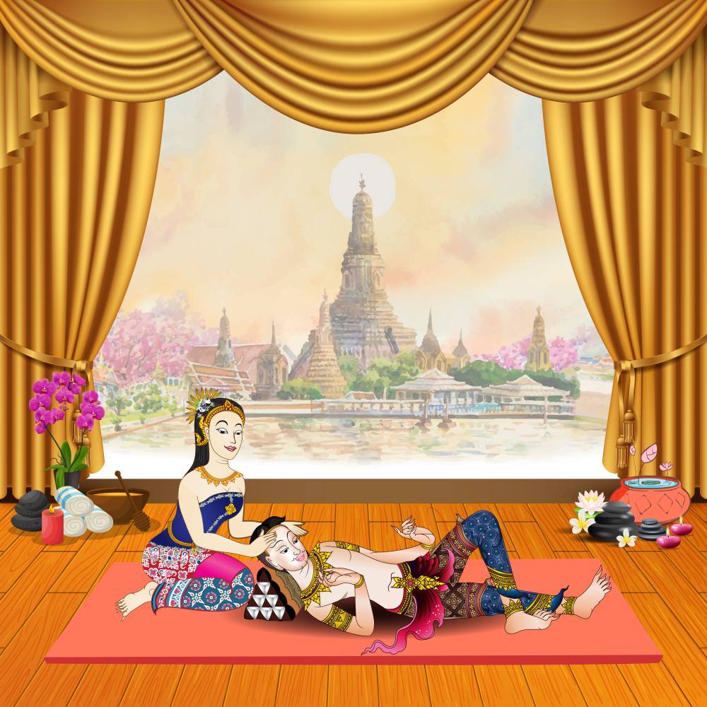 สติ๊กเกอร์ตกแต่งผนัง กระจก ร้านสปาไทย ร้านนวดไทย (ST-SPA5) ภาพคนนวด-ฉากหลังวัดอรุณ