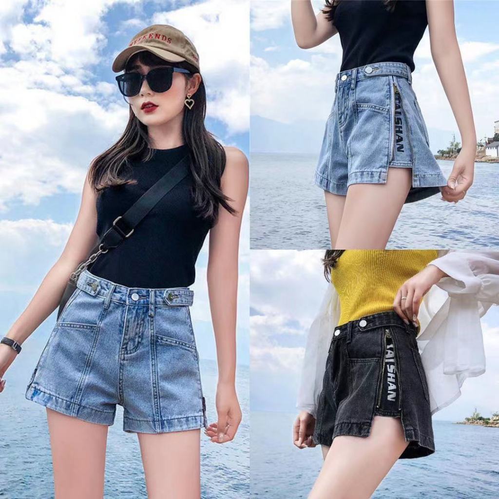 TAIWEI กางเกงยีนส์ขาสั้น  ทรงสวยเข้ารูป  เอวปรับได้ 2 ระดับ สั้นสวมใส่สบาย #8570