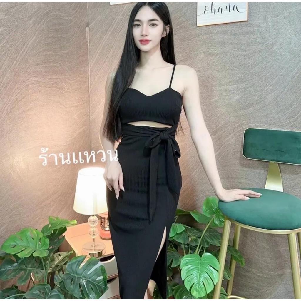 เดรสสายเดี่ยวผ้ายืดเปลือกไม้ แต่งเว้าเอว ผูกโบว์ เรียบหรู สายปรับความยาวได้ ใส่ออกงาน คาเฟ่ได้เลยค่า