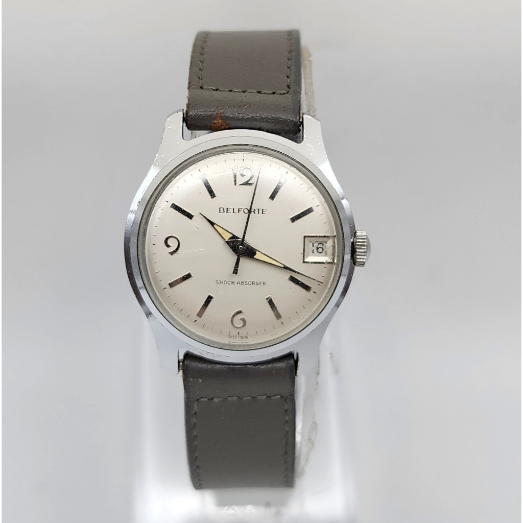 นาฬิกา BELFORTE MEN'S VINTAGE SWISS MECHANICAL WHITE DIAL STAINLESS STEEL LEATHER STRAP WATCH 32 MM (ไขลาน) #74
