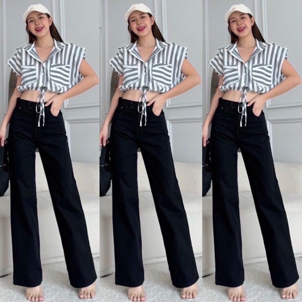 2NaraJeans กางเกงยีนส์ ผญ เท่ๆกระบอกขายาว 41 นิ้ว ผ้าไม่ยืด ทรงสวย สีดำ
