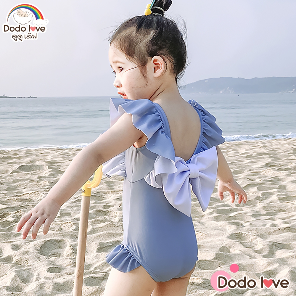 DODOLOVE ชุดว่ายน้ำเด็กผู้หญิงแขนกุด มีโบว์  ชุดว่ายน้ำ ทรงบิกินี่พร้อมหมวก ผ้ายืดหยุ่นใส่สบาย - รูปที่ 4