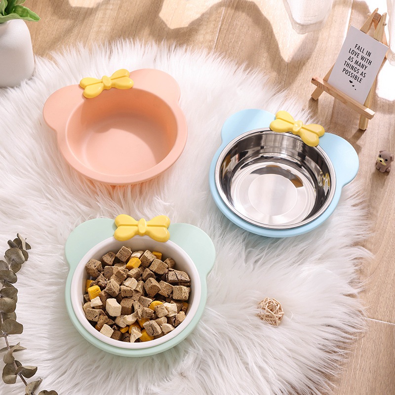 PEKO PET&CAT [BW003] ชามอาหารสัตว์เลี้ยง หูหมีติดโบว์ สีพาสเทล ถ้วยข้าวหมาแมว ชามอาหารหมาและแมว พลาสติกคุณภาพดี