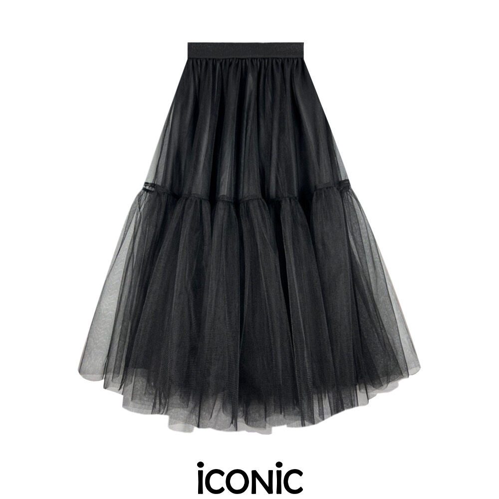 iCONiC BLACK TULLE SKIRT #6487 กระโปรง ผ้าตาข่าย วิบวับ สีดำ เอวยางยืด ซับในซาติน กระโปรงสุ่ม