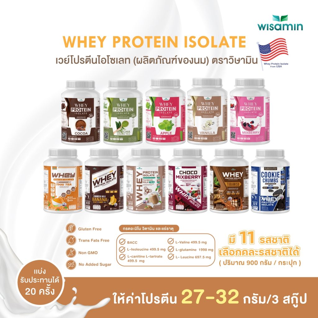WHEY PROTEIN ISOLATE (ขนาด 2 ปอนด์) เวย์โปรตีน ไอโซเลท (มี 11 รสชาติ) 1 กระปุก/ปริมาณ 900 กรัม ปราศจาก GMO ปลอดกลูเตน