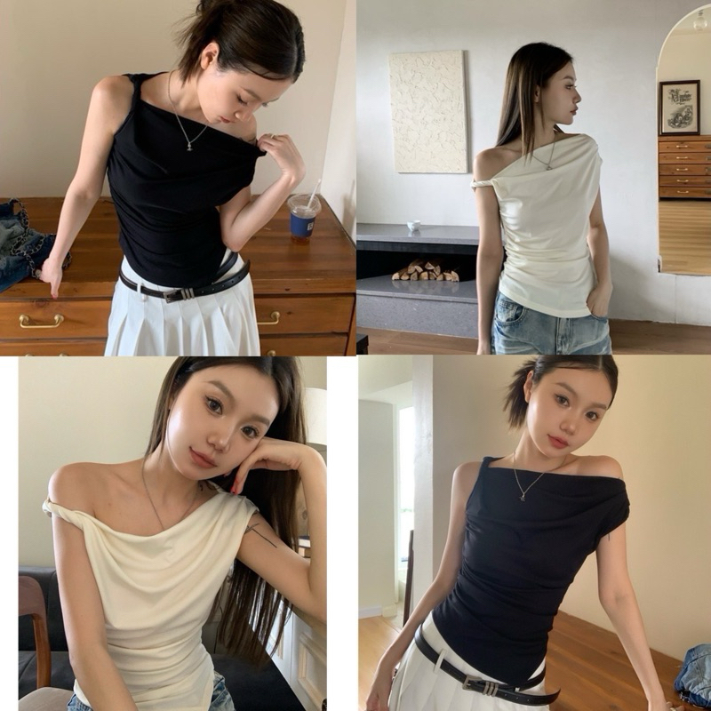 เสื้อปาดไหล่ แต่งย่นบ่า อีกข้างบิดเกลียว ผ้า cottonbutt รุ่น Terra