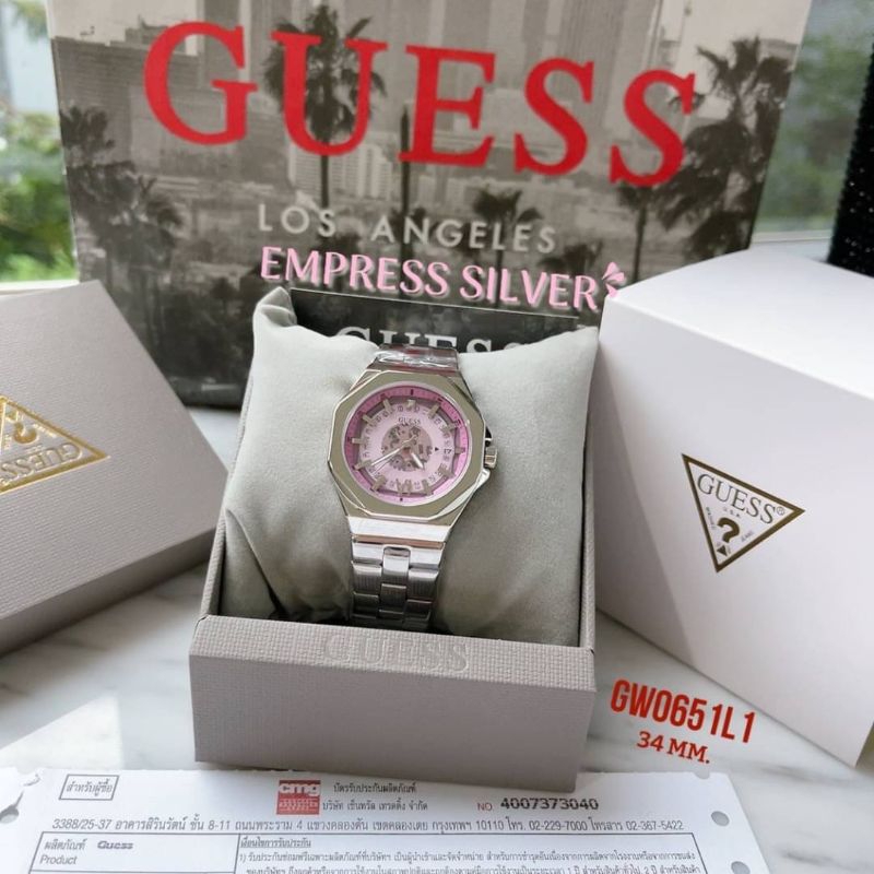 🌻หน้าปัดสีชมพู โชว์กลไก ✨ นาฬิกา Guess EMPRESS SILVER GW0551L1