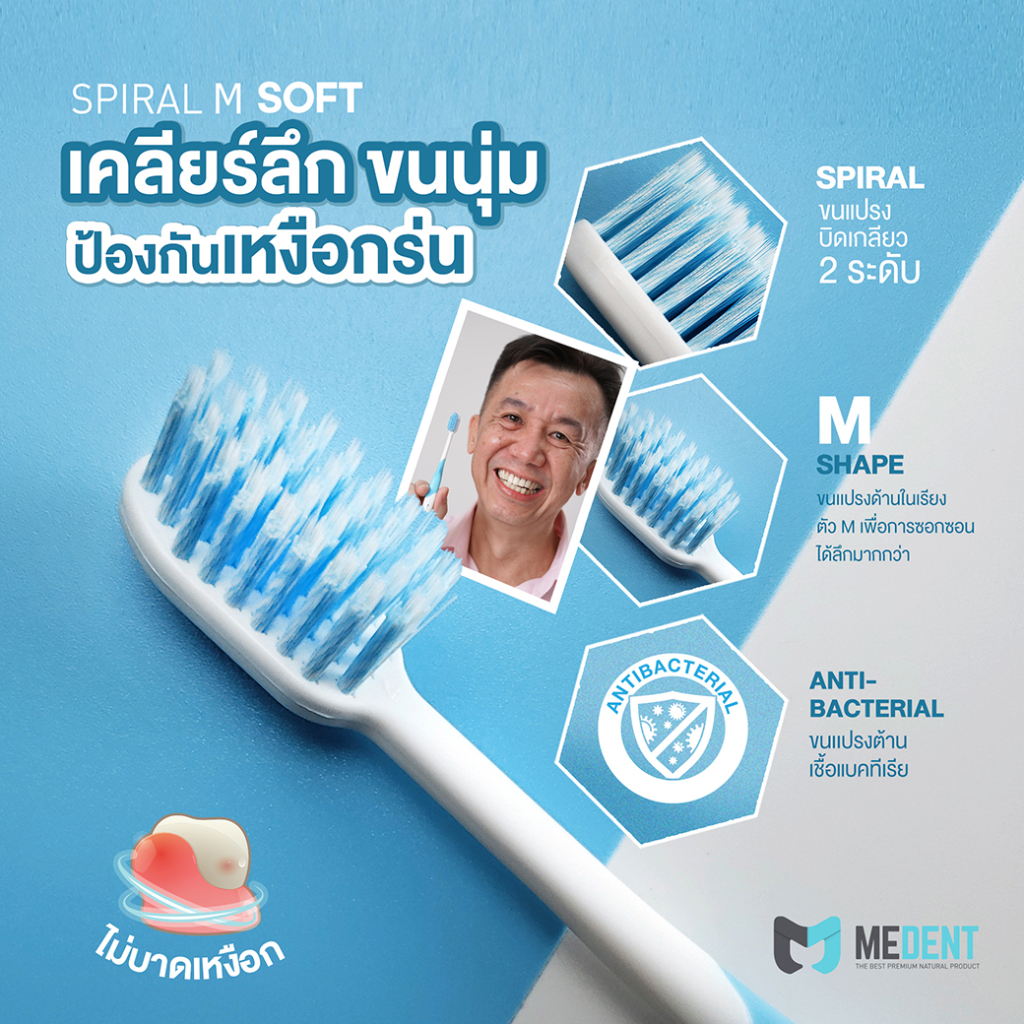 แปรงสีฟัน MEDENT (มีเด้นท์) M Soft Anti-bac ลดเหงือกรุ่น นวดเหงือกได้ ป้องกันแบคทีเรีย เหมาะกับผู้ใหญ่ เสียวฟัน
