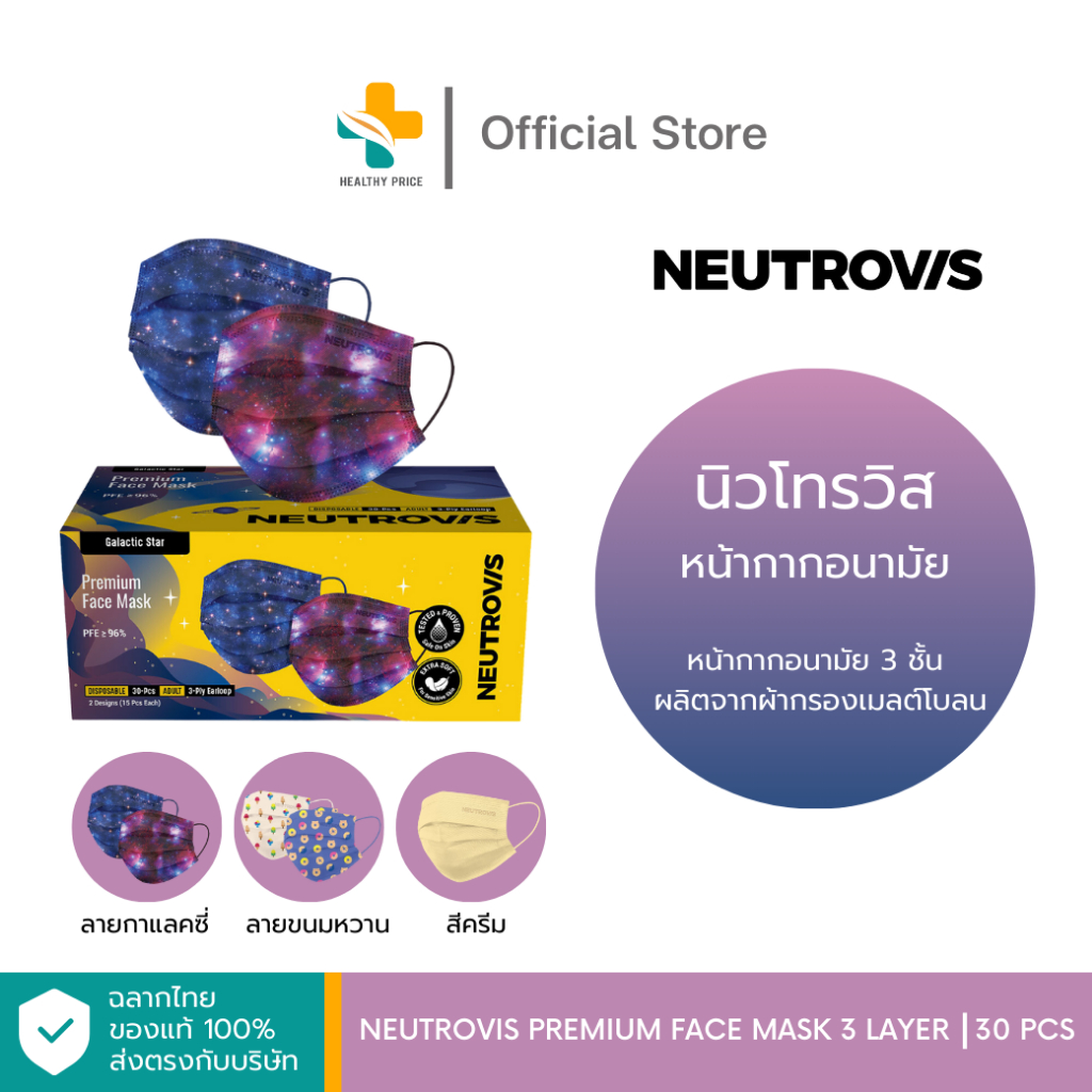 Neutrovis Premium​ Face​ Mask 3 Layer (30ชิ้น) หน้ากากอนามัย 3 ชั้น ผลิตจากผ้ากรองเมลต์โบลน